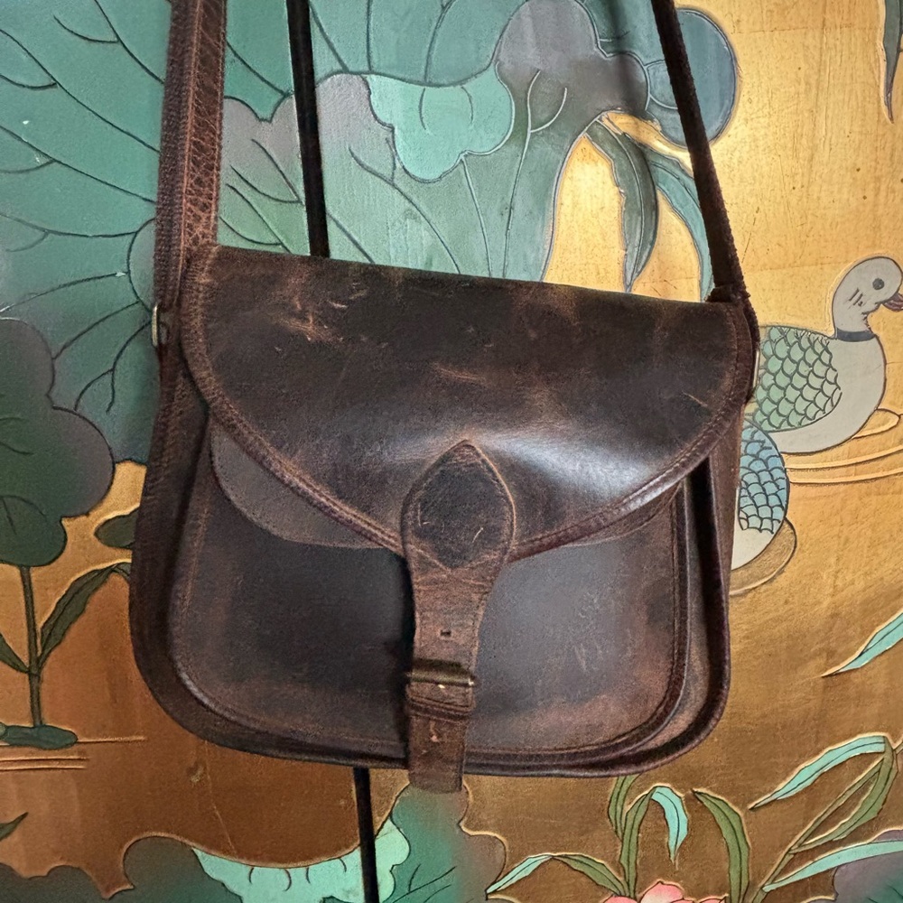 Brown Satchel with Distressed Leather and Adjustable Strap